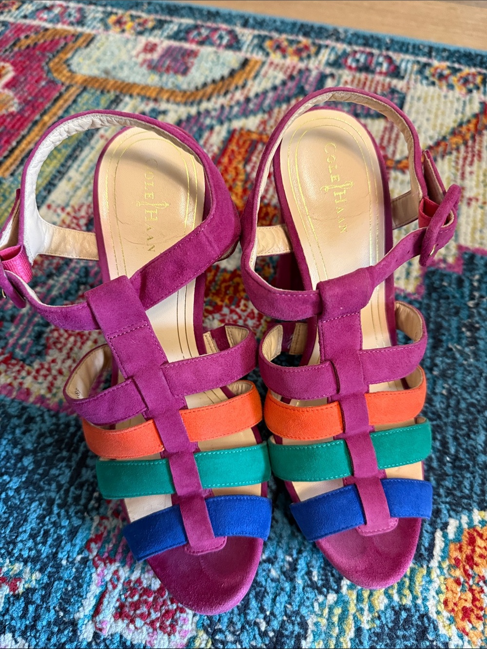 Cole Haan Multicolor Suede Strappy Heels - Pink, Orange, Green & Blue
